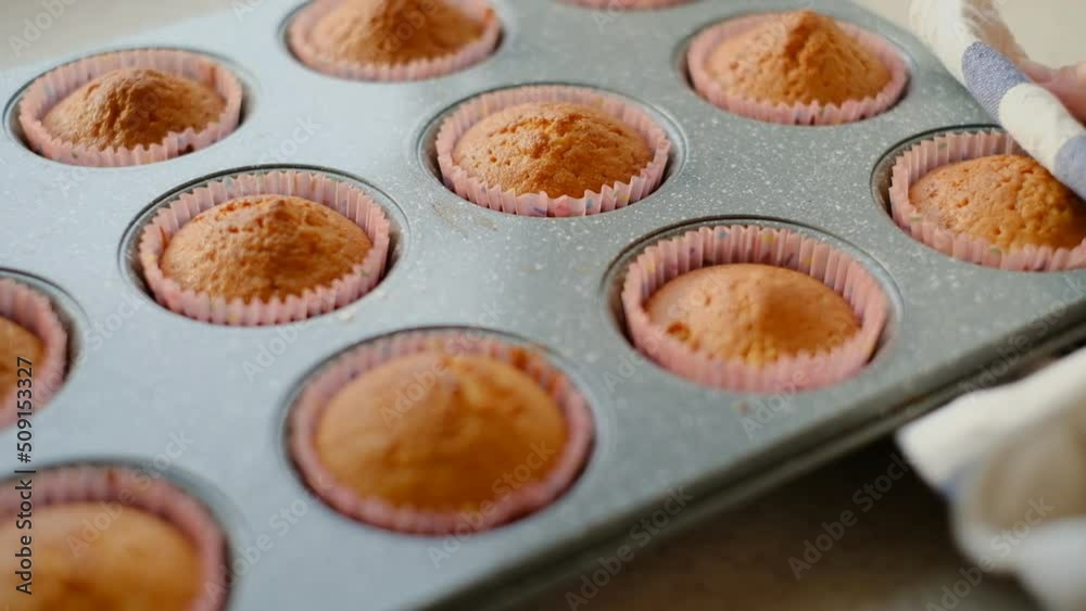 A woman takes out cooked hot, fragrant muffins from the oven. Homemade baking. Making desserts at home. A woman takes out cooked hot, fragrant muffins from the oven. Homemade baking. Making desserts at home.