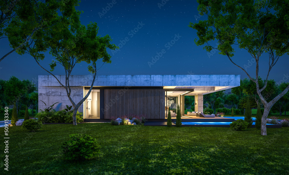 Obraz premium 3d rendering of new concrete house in modern style with pool and parking for sale or rent and beautiful landscaping on background. Only one floor. Clear summer night with many stars on the sky.
