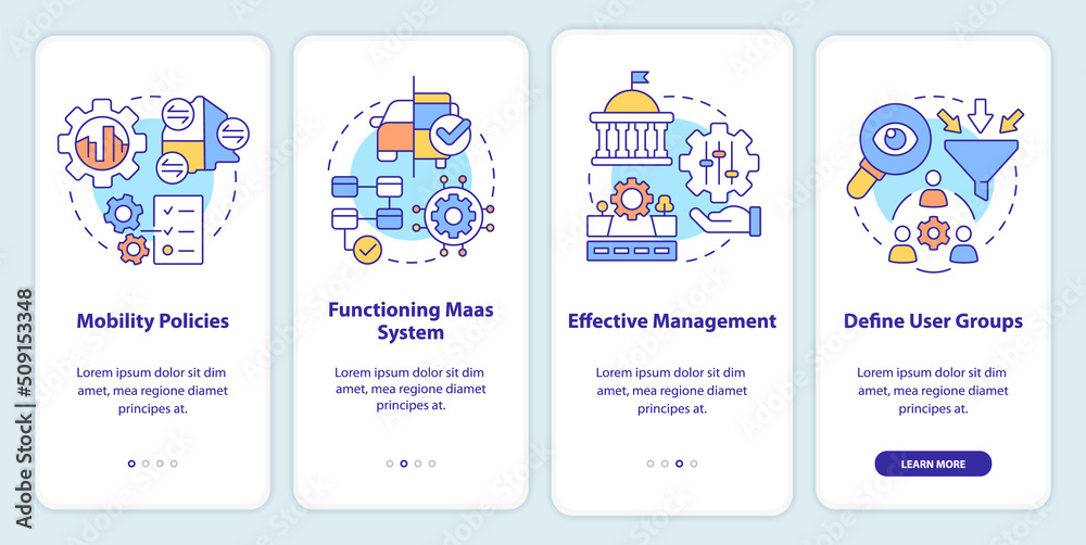 MaaS introduction components onboarding mobile app screen. Data walkthrough 4 steps editable graphic instructions with linear concepts. UI, UX, GUI template. Myriad Pro-Bold, Regular fonts used