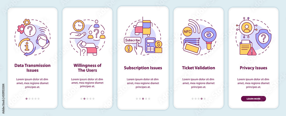 MaaS issues onboarding mobile app screen. System disadvantages walkthrough 5 steps editable graphic instructions with linear concepts. UI, UX, GUI template. Myriad Pro-Bold, Regular fonts used