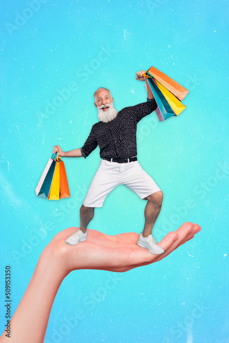 Photo cartoon comics sketch collage of senior guy standing huge palm holding shoppers isolated colorful neon background © deagreez