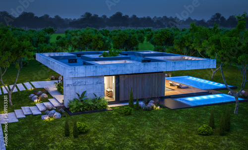 3d rendering of new concrete house in modern style with pool and parking for sale or rent and beautiful landscaping on background. Only one floor. Clear summer night with many stars on the sky.