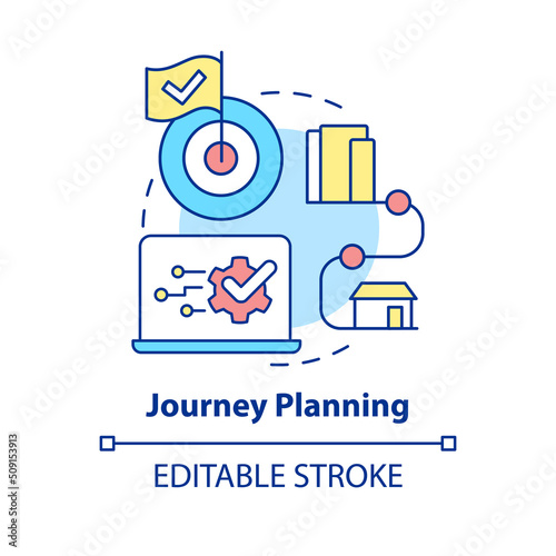 Journey planning concept icon. Plan route and means of travelling. Maas perk abstract idea thin line illustration. Isolated outline drawing. Editable stroke. Arial, Myriad Pro-Bold fonts used