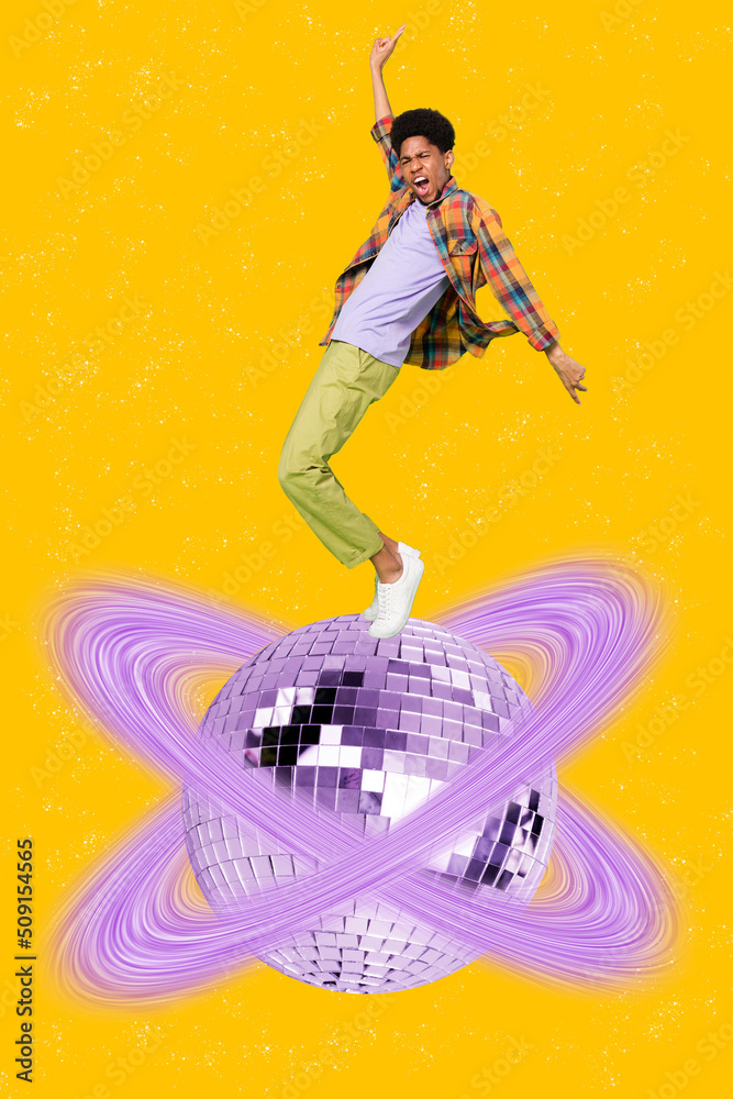 Vertical composite collage image of overjoyed young person stand large disco ball planet isolated on yellow background