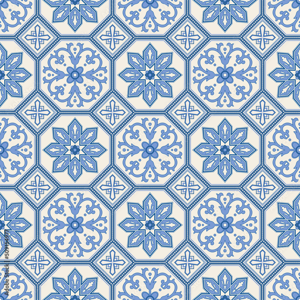 Seamless ornamental pattern, imitation of Portuguese ceramic azulejo tiles. Clipping masks used.