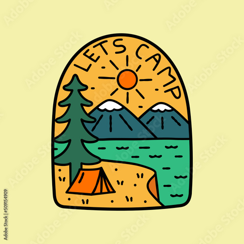 Nature design of let's camp , camping on cliff and mountain vibes for badge patch emblem graphic vector art t-shirt design