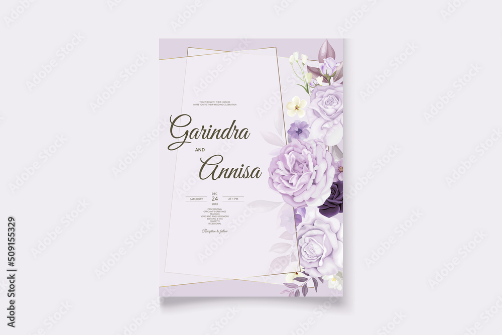  Beautiful purple  floral frame wedding invitation card template Premium Vector