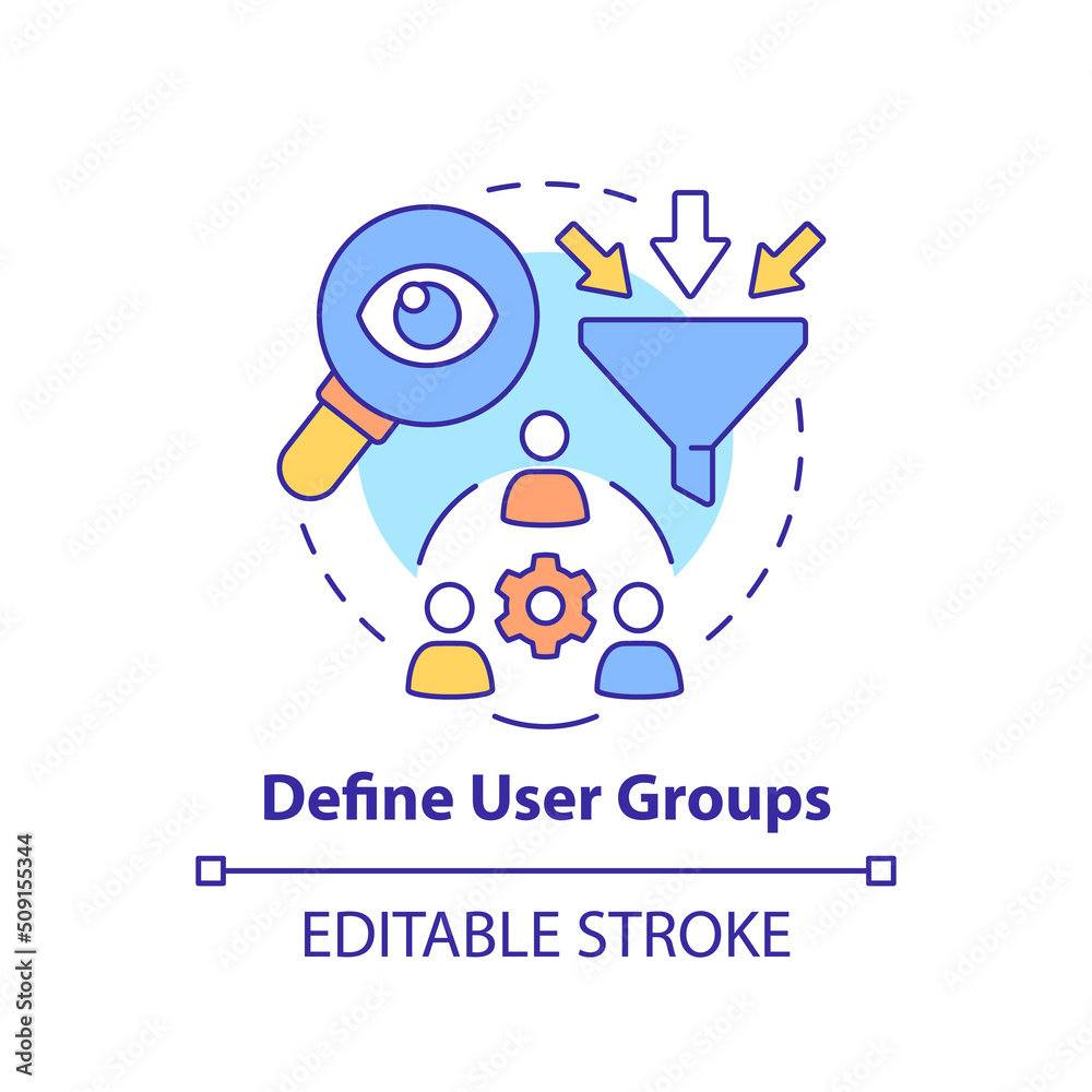 Define user groups concept icon. Customers needs. Maas introduction component abstract idea thin line illustration. Isolated outline drawing. Editable stroke. Arial, Myriad Pro-Bold fonts used Define user groups concept icon. Customers needs. Maas introduction component abstract idea thin line illustration. Isolated outline drawing. Editable stroke. Arial, Myriad Pro-Bold fonts used