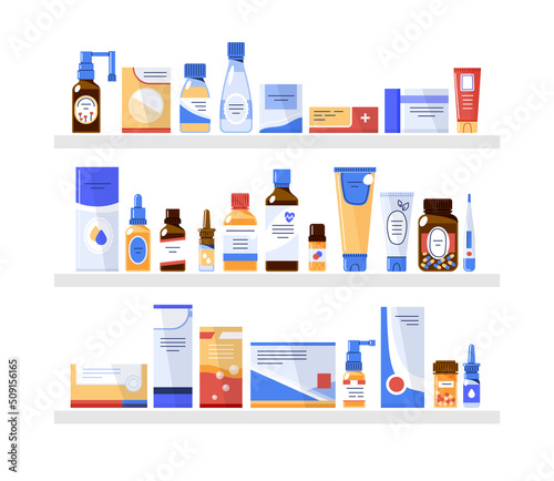 Different medicine products in the pharmacy store on three shelves.Flat vector
