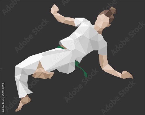 Woman does jumping kick.
Capoeira girl does armada com martelo. Low poly design vector illustration icon