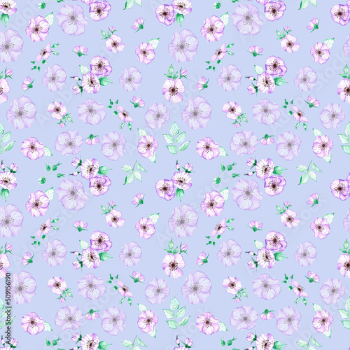 Handdrawn anemone seamless pattern. Watercolor purple flowers with green leaves on the blue background. Scrapbook design, typography poster, label, banner, textile.