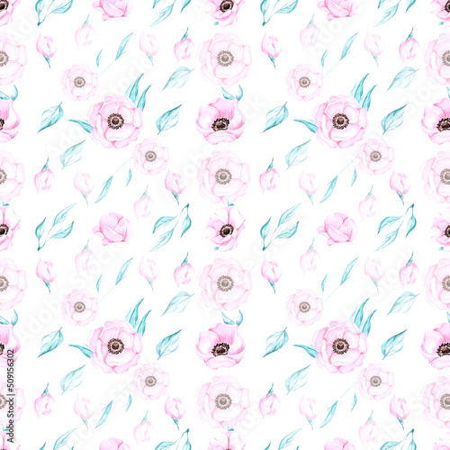 Handdrawn anemone seamless pattern. Watercolor pink flowers with green leaves on the white background. Scrapbook design  typography poster  label  banner  textile.