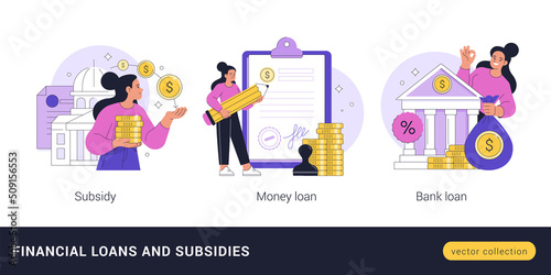 Financial Loans and Subsidies concept. Vector cartoon illustration of a young woman who receives subsidies, a loan, or lends money against receipt. Isolated on white