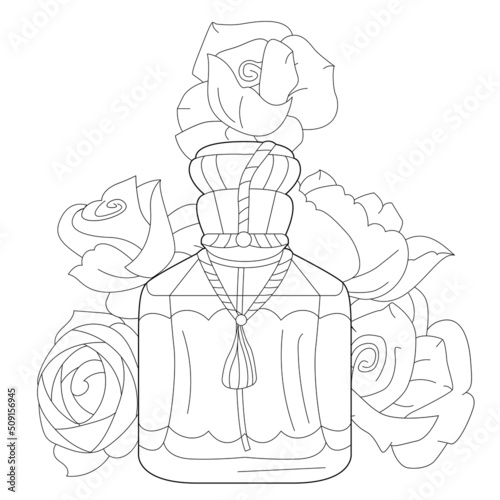Beautiful bottle of perfume with flowers. Monochrome object, coloring page, isolated on white background. Coloring book style for children and adults