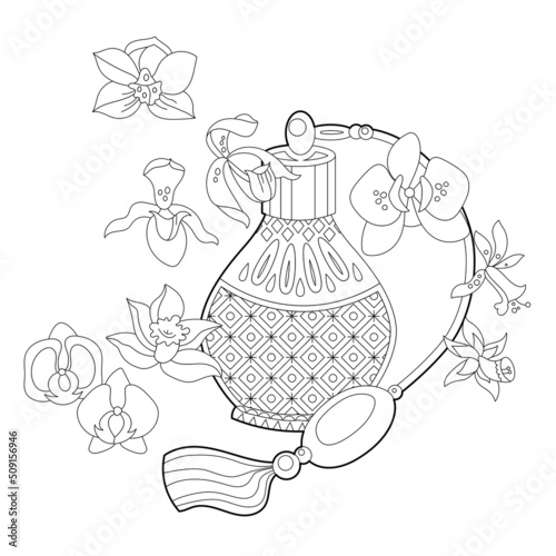 Beautiful bottle of perfume with flowers. Monochrome object, coloring page, isolated on white background. Coloring book style for children and adults