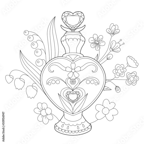 Beautiful bottle of perfume with flowers. Monochrome object, coloring page, isolated on white background. Coloring book style for children and adults