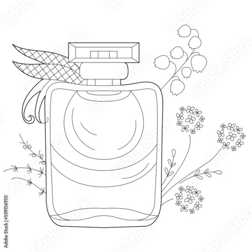 Beautiful bottle of perfume with flowers. Monochrome object, coloring page, isolated on white background. Coloring book style for children and adults