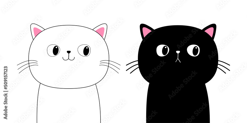 Fototapeta premium Linear black and white cat silhouette set. Cute cartoon kitty character. Contour line. Kawaii animal. Funny baby kitten. Sad face. Love Greeting card. Flat design. Isolated