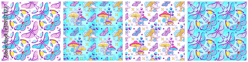 Celestial seamless backgrounds with mushrooms, moth and magic butterflies. Retro vivid wallpaper set. Backdrop for yoga, fabric design, witchcraft digital or wrapping paper