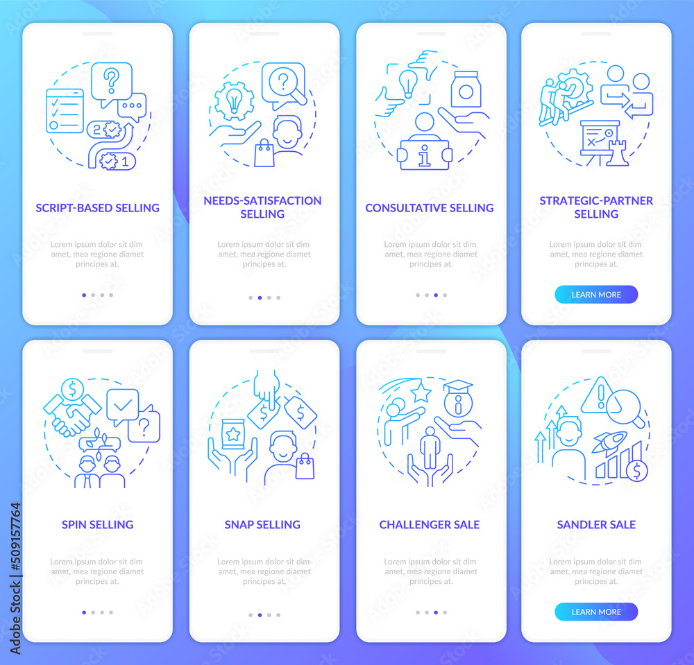 Selling strategies blue gradient onboarding mobile app screen set. Walkthrough 4 steps graphic instructions with linear concepts. UI, UX, GUI template. Myriad Pro-Bold, Regular fonts used