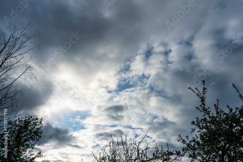 Stormy sky with clouds over trees in summer.