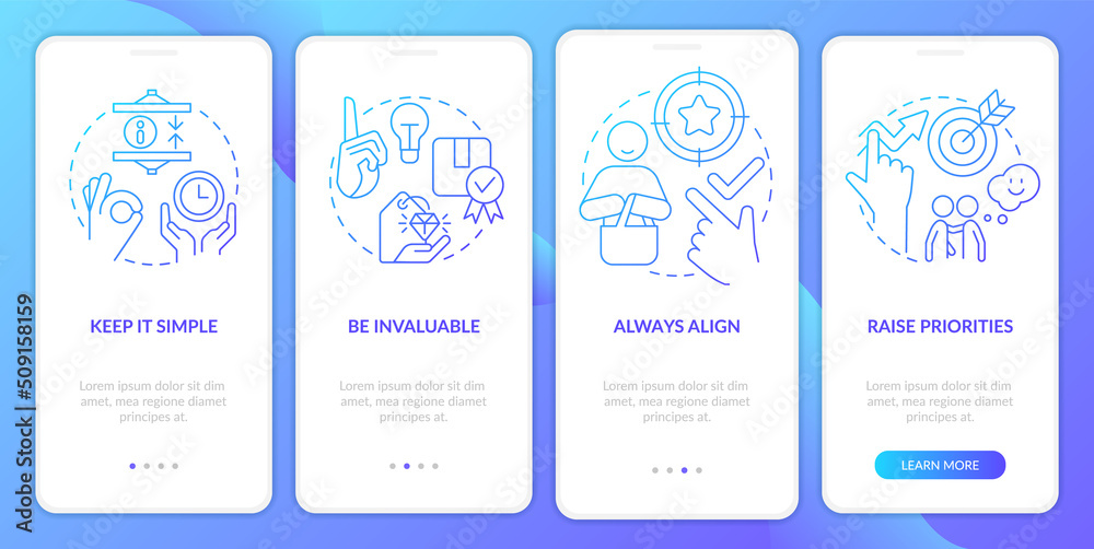 Naklejka premium Components of communication blue gradient onboarding mobile app screen. Selling walkthrough 4 steps graphic instructions with linear concepts. UI, UX, GUI template. Myriad Pro-Bold, Regular fonts used