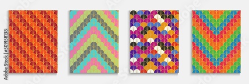 Japanese Gold Fan Funky Cover Set. Halftone Stripes Folder. Rich VIP Geometric Design. Bright Color Ancient A4 Pattern. Chinese Retro Template Set. Music Dynamic Hipster Textile Backgroud.