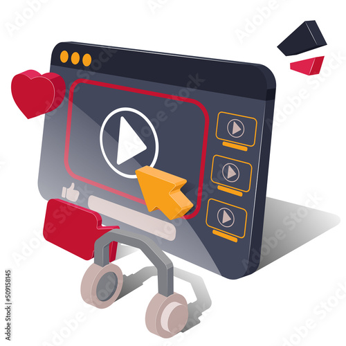 Video player. Online video. 3D model of a computer screen with a video player, and headphones. Watching videos online. Vector graphics on a white background