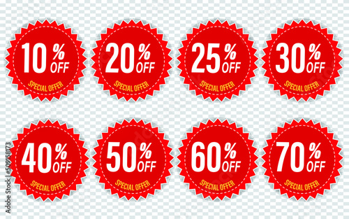 Discount stickers set for shop, retail, promotion. 10, 20, 25, 30, 40, 50, 60, 70 percentage off photo