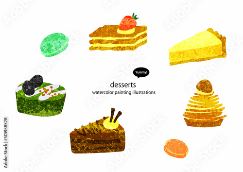 ケーキのイラストセット　水彩テクスチャ　フリーハンド