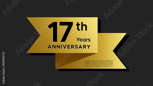 17 years anniversary logo with golden ribbon for booklet, leaflet, magazine, brochure poster, banner, web, invitation or greeting card. Vector illustrations.