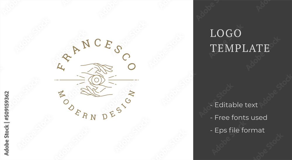 Fototapeta premium Magic hands with eye logo emblem design template vector illustration in minimal line art style