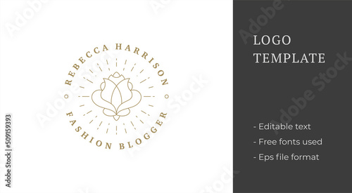 Blooming rose flower logo emblem design template vector illustration in minimal line art style.