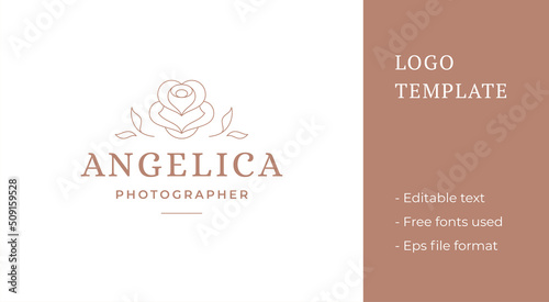 Blooming rose flower logo emblem design template vector illustration in minimal line art style.