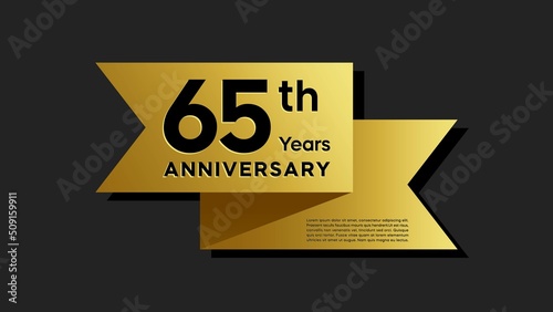 65 years anniversary logo with golden ribbon for booklet, leaflet, magazine, brochure poster, banner, web, invitation or greeting card. Vector illustrations.