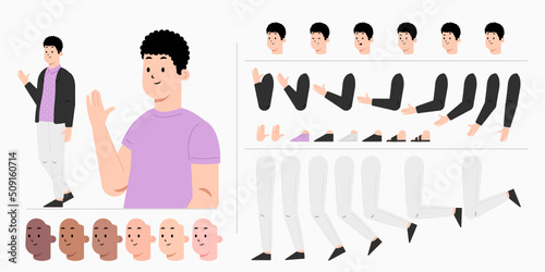Young man character creation kit design for animation. City casual cartoon male flat vector design.