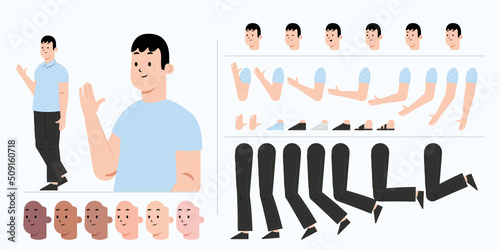 Young man character creation kit design for animation. City casual cartoon male flat vector design.