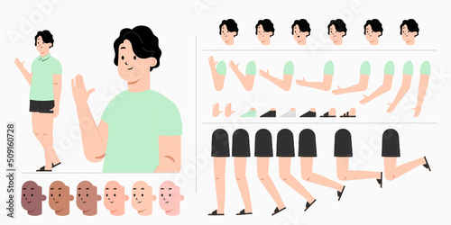 Young man character creation kit design for animation. City casual cartoon male flat vector design.