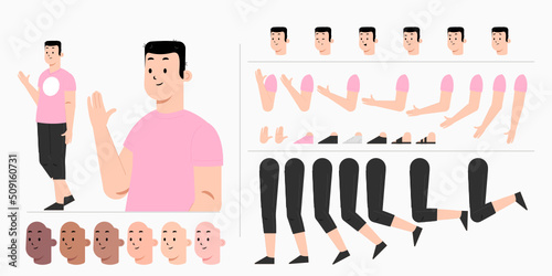 Young man character creation kit design for animation. City casual cartoon male flat vector design.