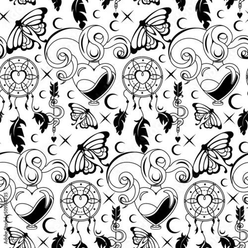 Magic monochrome seamless background with silhouette of mystery celestial sings and Witchcraft symbols. Esoteric aesthetics.Backdrop or wallpaper for yoga, tarot, spiritual black and wight concept.