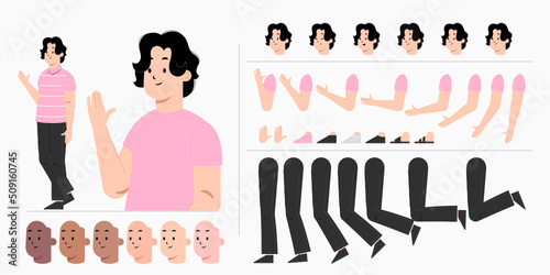 Young man character creation kit design for animation. City casual cartoon male flat vector design.