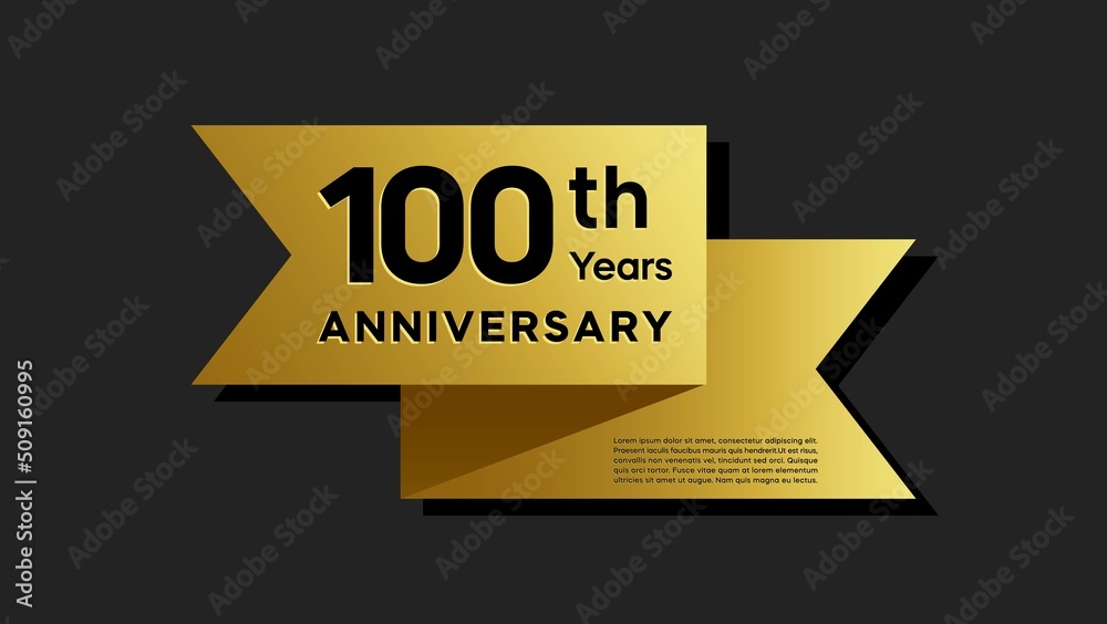 100 years anniversary logo with golden ribbon for booklet, leaflet, magazine, brochure poster, banner, web, invitation or greeting card. Vector illustrations. - obrazy, fototapety, plakaty 