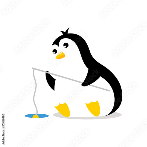 Penguin sitting fishing in the hole. Mascot cartoon vector illustration.