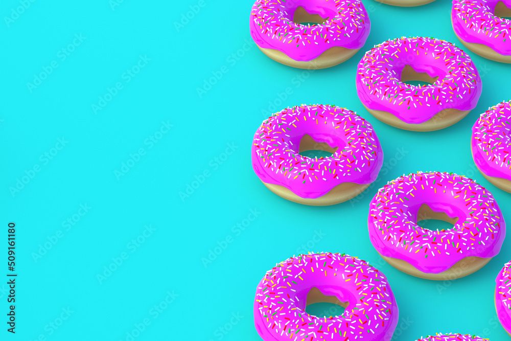 Icing donuts on blue background. Homemade bakery. Break time. Sweet dessert. Fast food. Copy space. 3d render Icing donuts on blue background. Homemade bakery. Break time. Sweet dessert. Fast food. Copy space. 3d render