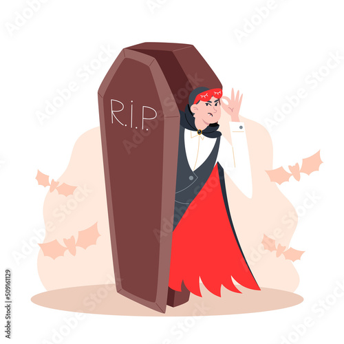 Disgruntled vampire woke up and looks out of the coffin, Halloween party