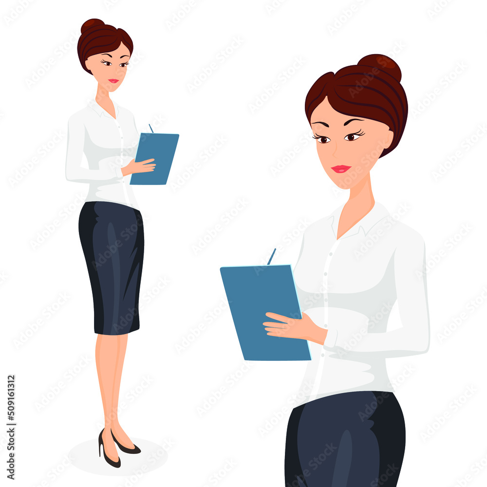 business woman, cute office girl, secretary with a folder or a tablet in her hands, writes down instructions. Cartoon character isolated on white. business woman, cute office girl, secretary with a folder or a tablet in her hands, writes down instructions. Cartoon character isolated on white.