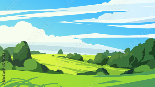 Rolling hills landscape with trees, bushes and cloudy sky. Vector illustration photo