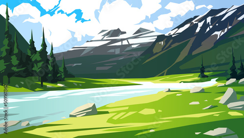 Landscape with mountains, river and spruce forests. Vector illustration