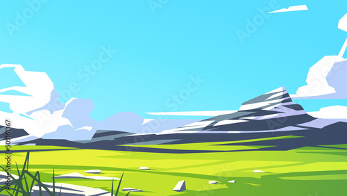 Simple landscape, with green field and mountain. Vector illustration