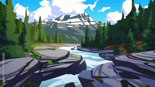 River landscape, mountain in the distance, spruce forest, rough river, cloudy sky. Vector illustration